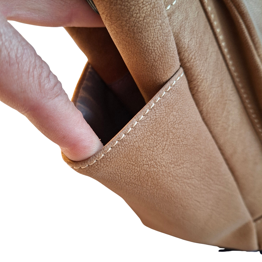 Cotton Road Handbag: KHAKI BROWN Soft PU Leather Double Compartment bag SIDE POCKET OPEN