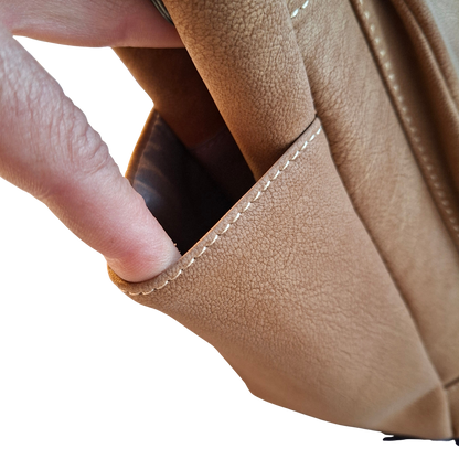 Cotton Road Handbag: KHAKI BROWN Soft PU Leather Double Compartment bag SIDE POCKET OPEN