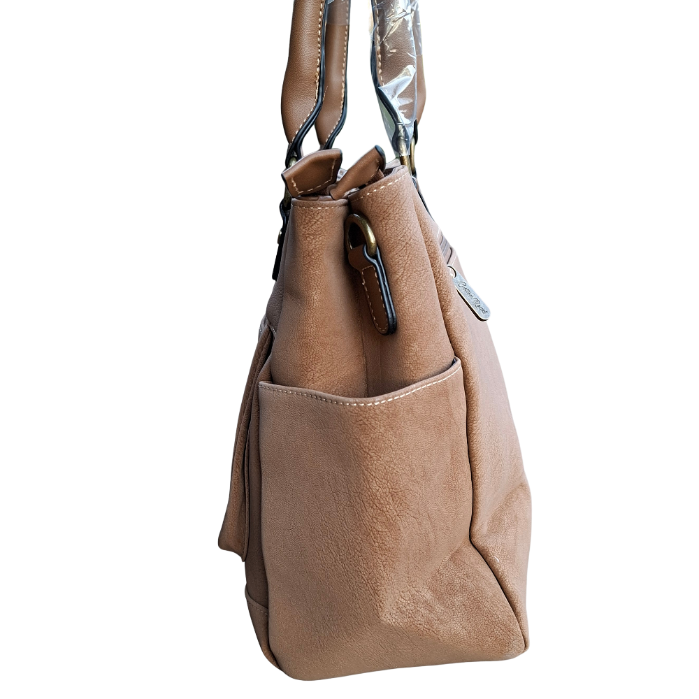 Cotton Road Handbag: KHAKI BROWN Soft PU Leather Double Compartment bag SIDE ZOOM