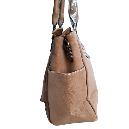 Cotton Road Handbag: KHAKI BROWN Soft PU Leather Double Compartment bag SIDE ZOOM
