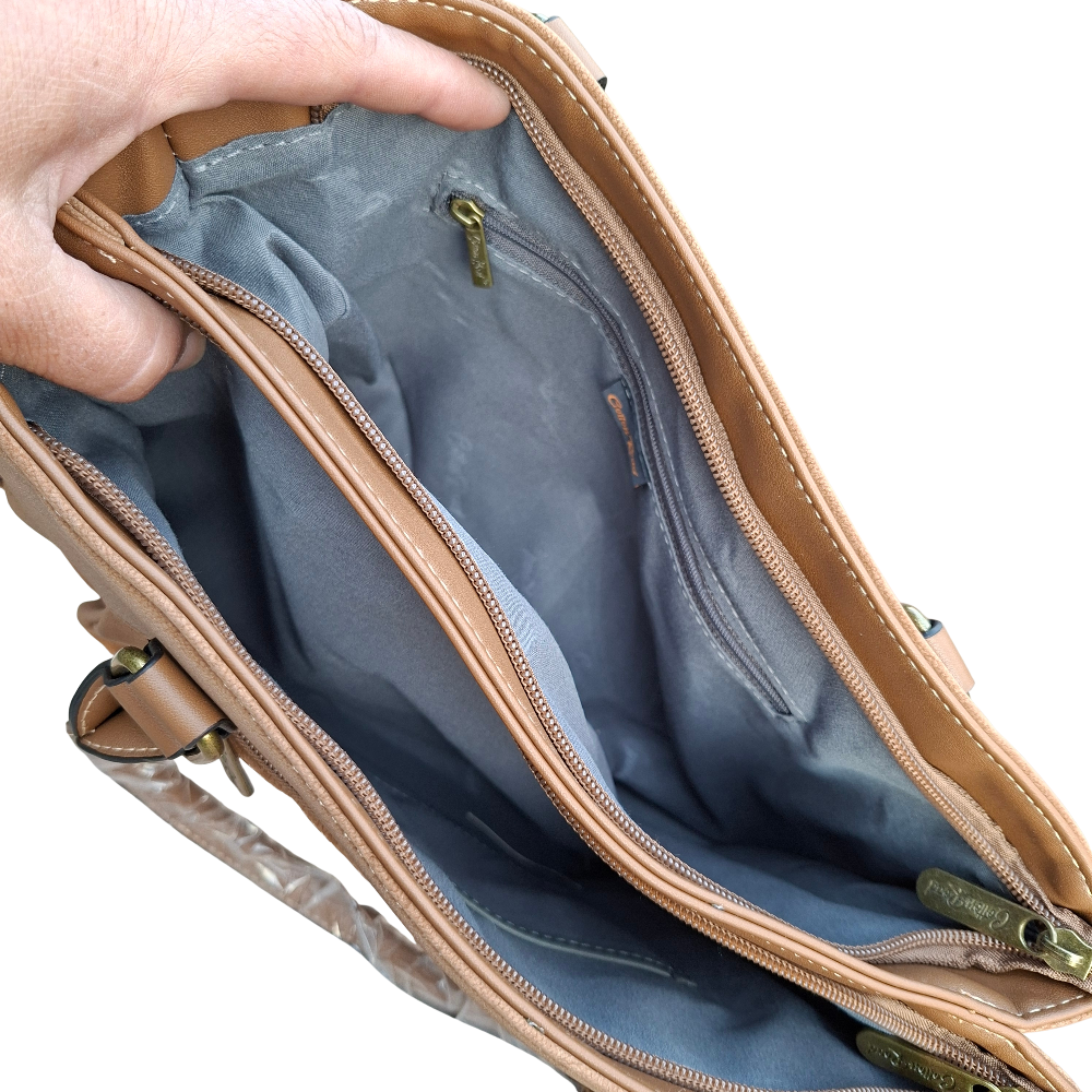 Cotton Road Handbag: KHAKI BROWN Soft PU Leather Double Compartment bag TOP OPEN VIEW