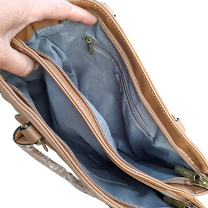 Cotton Road Handbag: KHAKI BROWN Soft PU Leather Double Compartment bag TOP OPEN VIEW