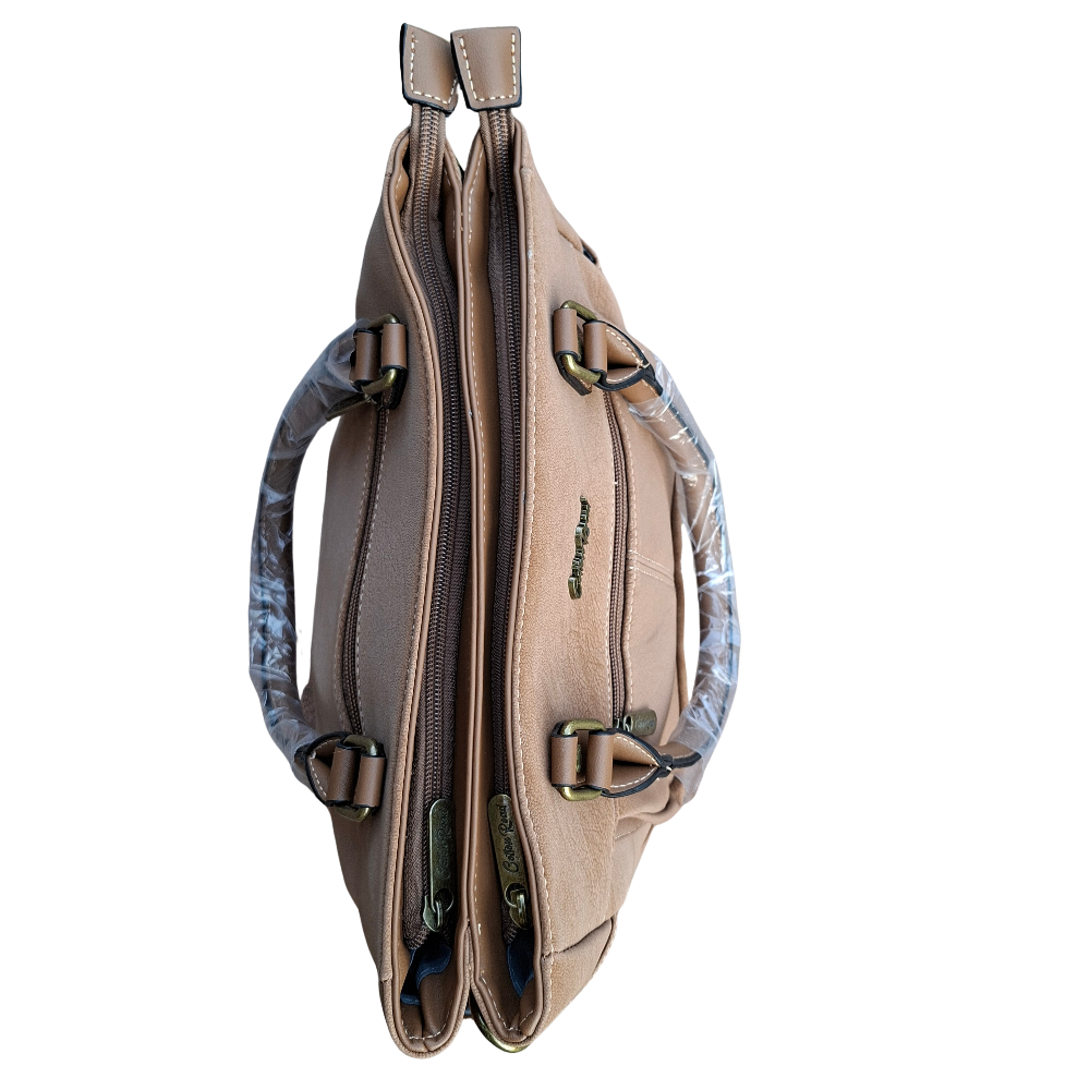 Cotton Road Handbag: KHAKI BROWN Soft PU Leather Double Compartment bag TOP VIEW