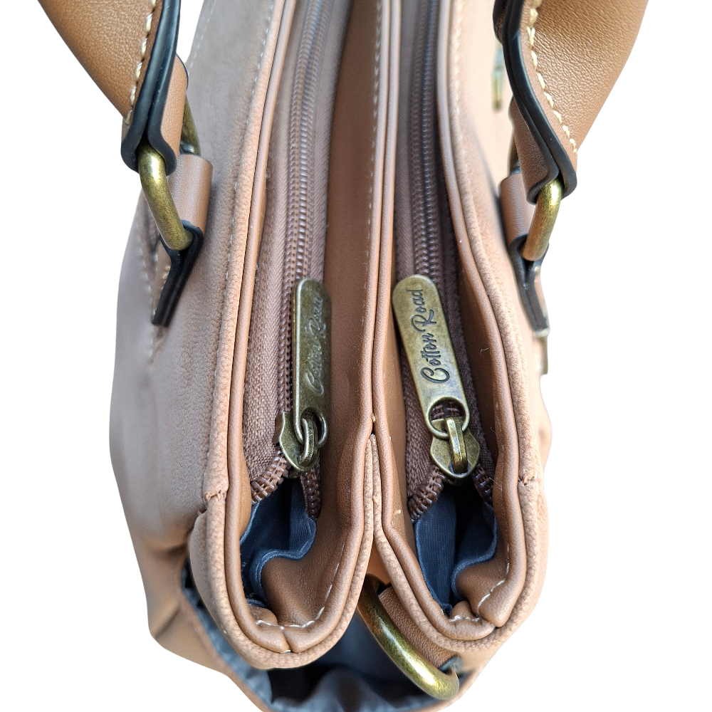 Cotton Road Handbag: KHAKI BROWN Soft PU Leather Double Compartment bag TOP ZIPS ZOOM