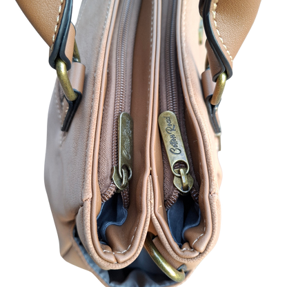 Cotton Road Handbag: KHAKI BROWN Soft PU Leather Double Compartment bag TOP ZIPS ZOOM
