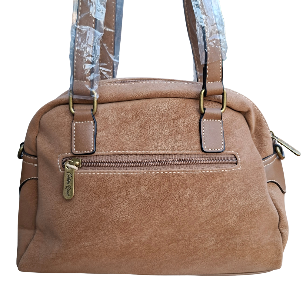 Cotton Road Handbag: KHAKI PU Leather Dome Shoulder Bag with Black Trim BACK VIEW