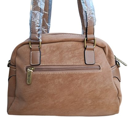 Cotton Road Handbag: KHAKI PU Leather Dome Shoulder Bag with Black Trim BACK VIEW