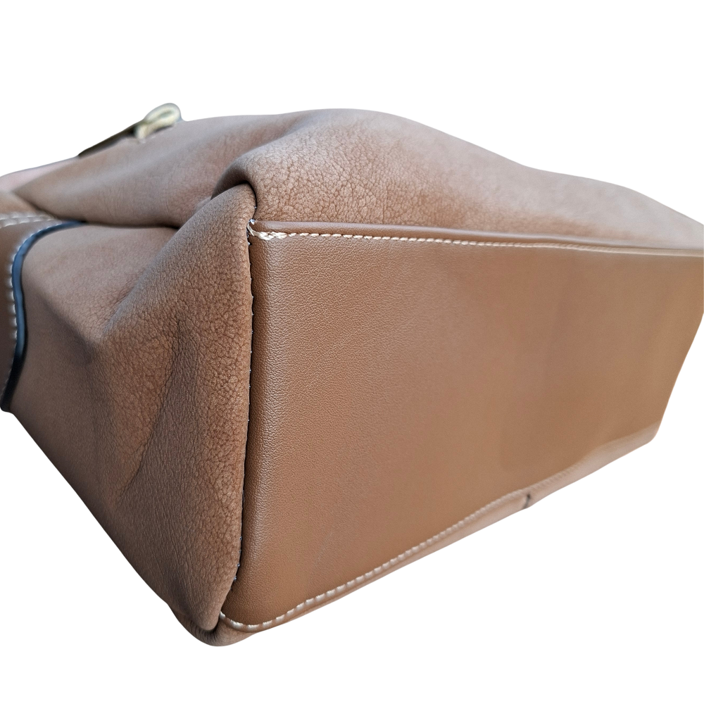Cotton Road Handbag: KHAKI PU Leather Dome Shoulder Bag with Black Trim BOTTOM