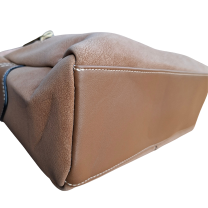 Cotton Road Handbag: KHAKI PU Leather Dome Shoulder Bag with Black Trim BOTTOM