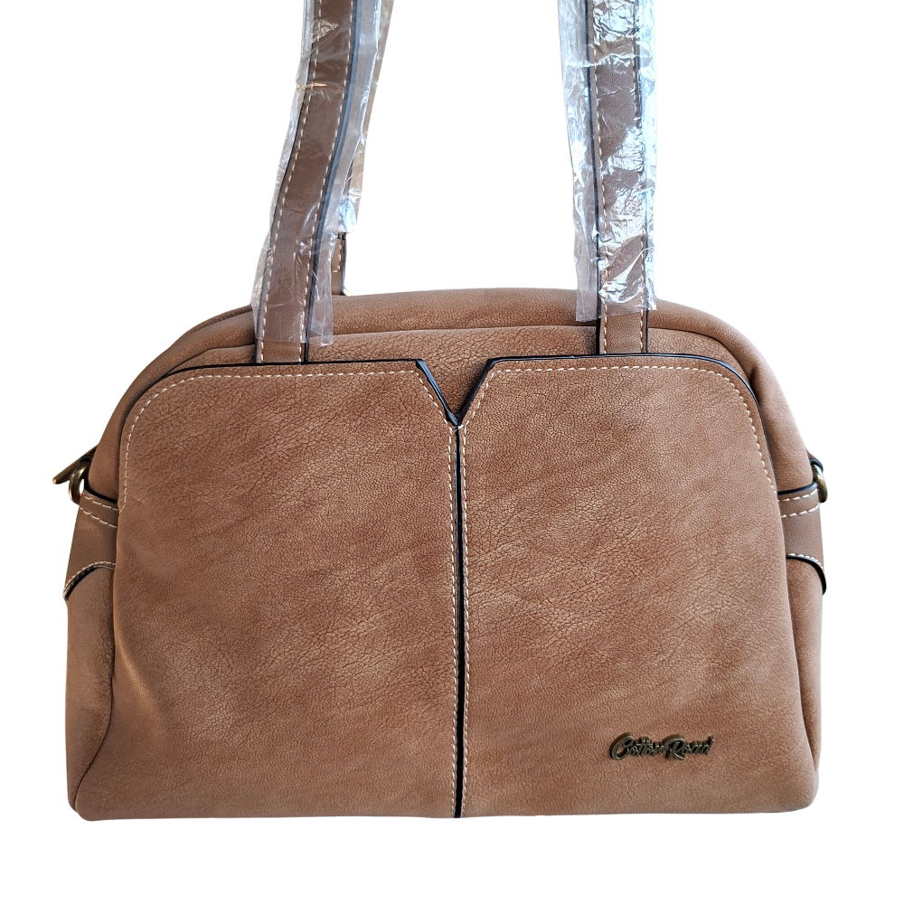 Cotton Road Handbag: KHAKI PU Leather Dome Shoulder Bag with Black Trim FRONT
