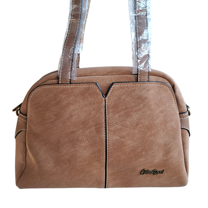 Cotton Road Handbag: KHAKI PU Leather Dome Shoulder Bag with Black Trim FRONT