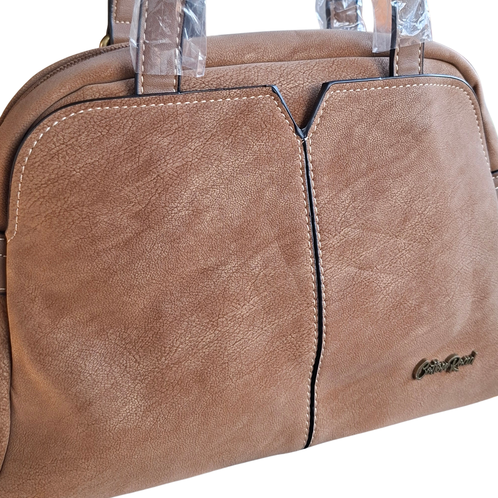 Cotton Road Handbag: KHAKI PU Leather Dome Shoulder Bag with Black Trim FRONT DETAIL