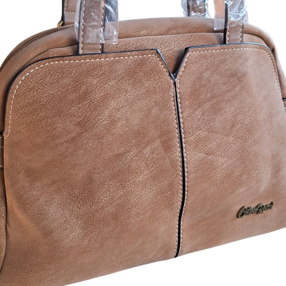 Cotton Road Handbag: KHAKI PU Leather Dome Shoulder Bag with Black Trim FRONT DETAIL