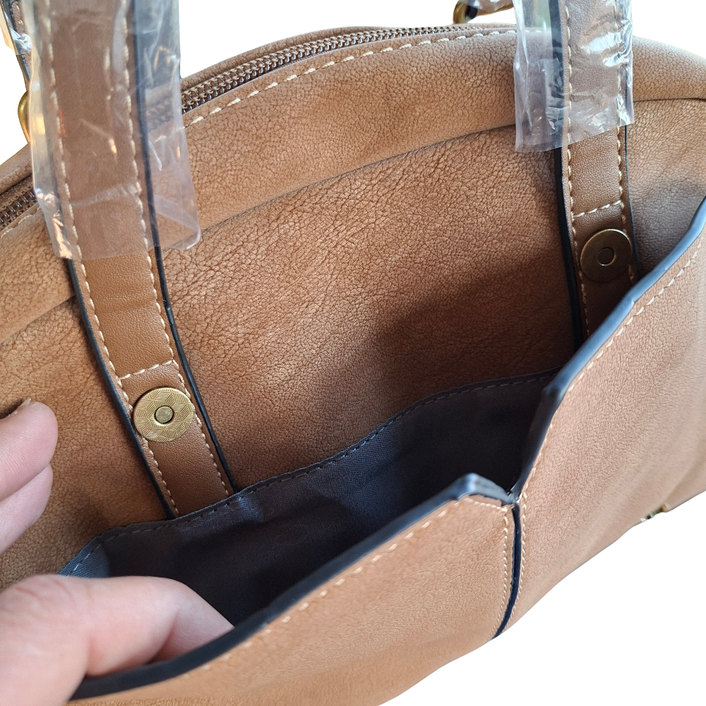 Cotton Road Handbag: KHAKI PU Leather Dome Shoulder Bag with Black Trim FRONT POCKET