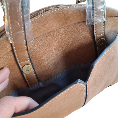 Cotton Road Handbag: KHAKI PU Leather Dome Shoulder Bag with Black Trim FRONT POCKET