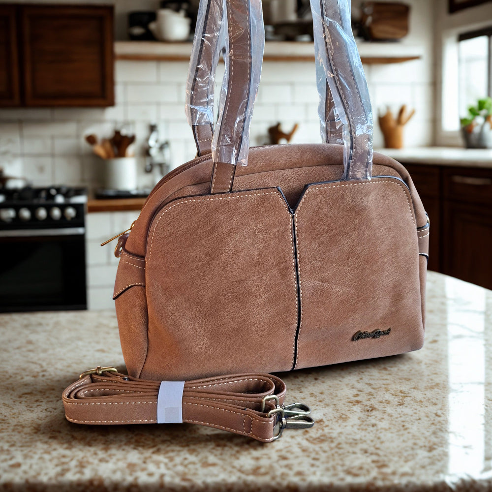 Cotton Road Handbag: KHAKI PU Leather Dome Shoulder Bag with Black Trim LIFESTYLE