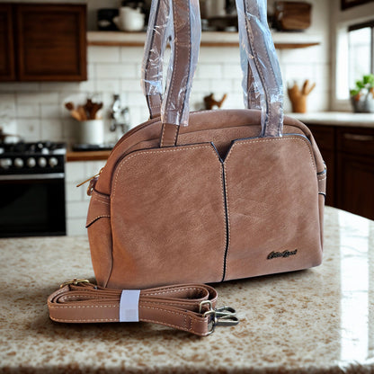 Cotton Road Handbag: KHAKI PU Leather Dome Shoulder Bag with Black Trim LIFESTYLE
