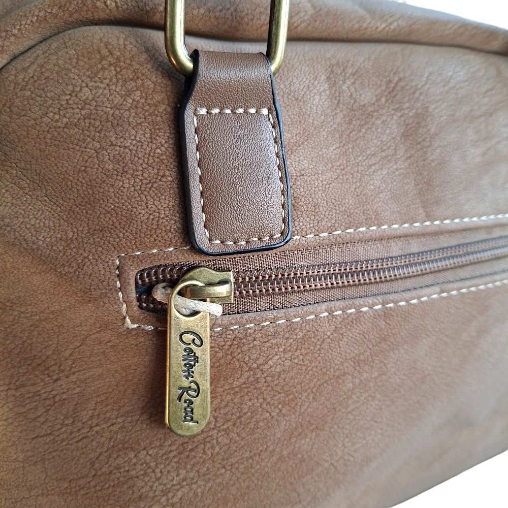 Cotton Road Handbag: KHAKI PU Leather Dome Shoulder Bag with Black Trim POCKET ZIP