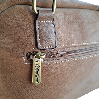Cotton Road Handbag: KHAKI PU Leather Dome Shoulder Bag with Black Trim POCKET ZIP