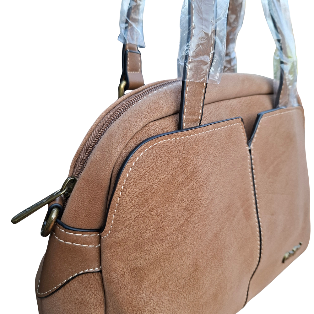 Cotton Road Handbag: KHAKI PU Leather Dome Shoulder Bag with Black Trim SIDE AND FRONT DETAIL