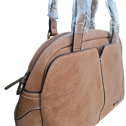 Cotton Road Handbag: KHAKI PU Leather Dome Shoulder Bag with Black Trim SIDE AND FRONT DETAIL