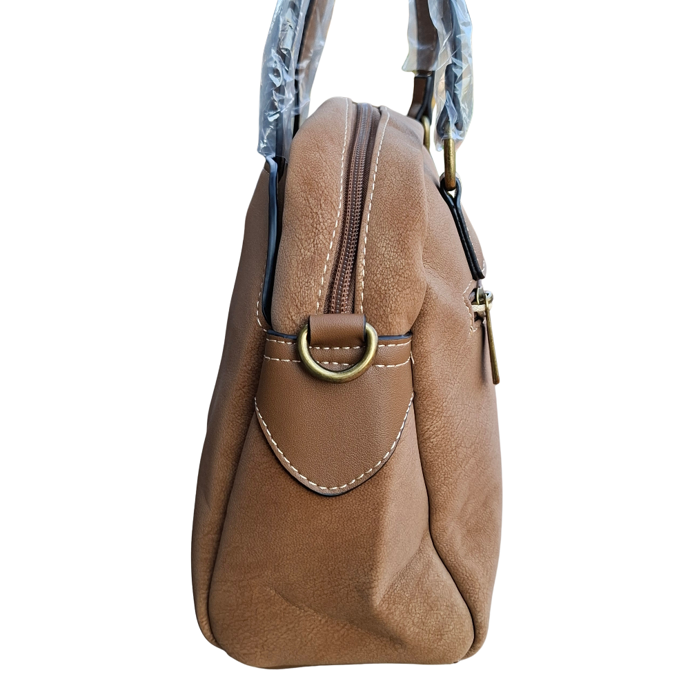 Cotton Road Handbag: KHAKI PU Leather Dome Shoulder Bag with Black Trim SIDE DETAIL