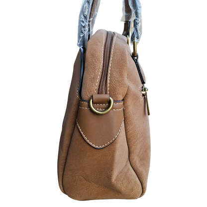 Cotton Road Handbag: KHAKI PU Leather Dome Shoulder Bag with Black Trim SIDE DETAIL