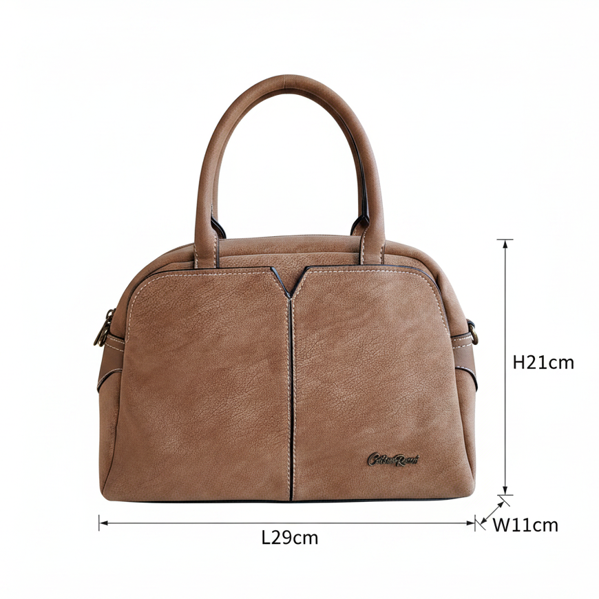 Cotton Road Handbag: KHAKI PU Leather Dome Shoulder Bag with Black Trim SIZE