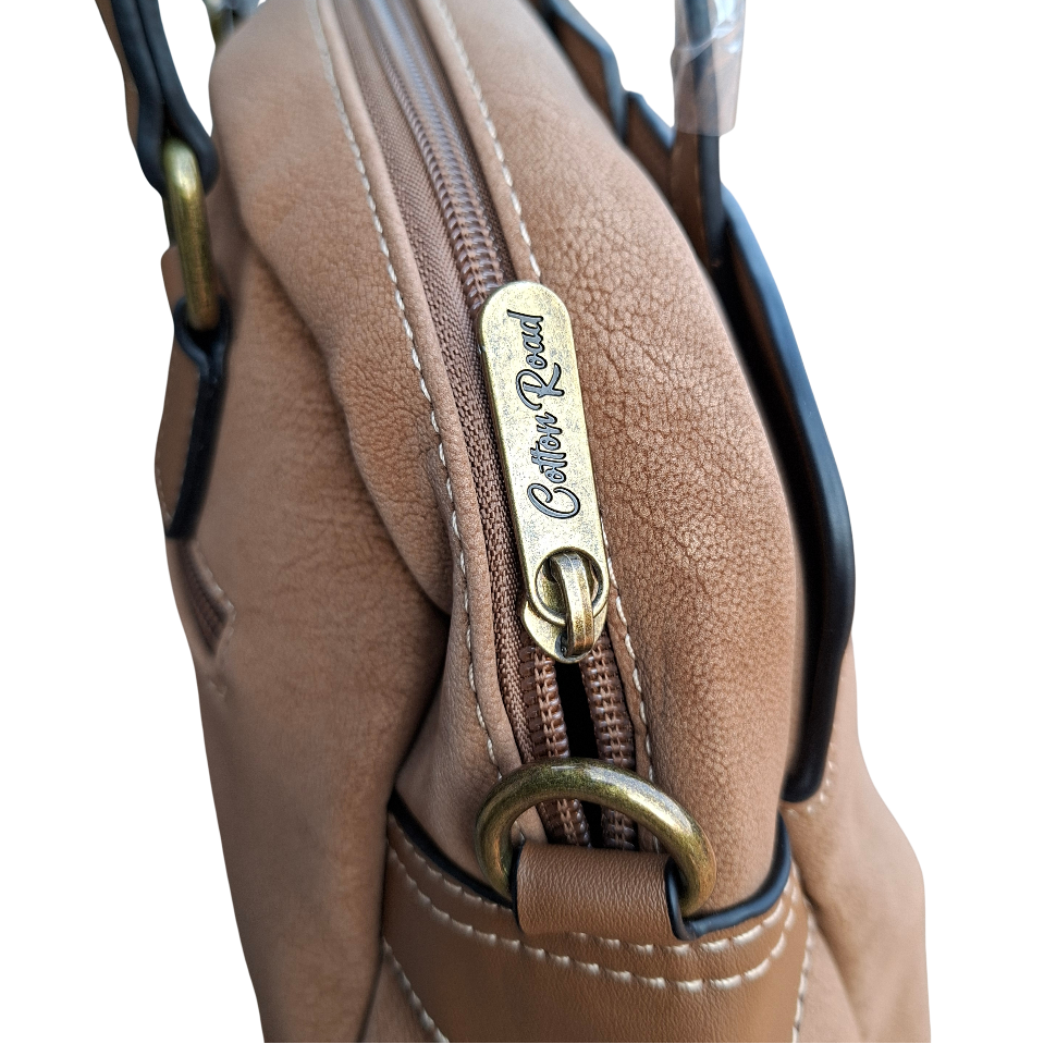 Cotton Road Handbag: KHAKI PU Leather Dome Shoulder Bag with Black Trim TOP ZIP