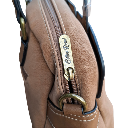 Cotton Road Handbag: KHAKI PU Leather Dome Shoulder Bag with Black Trim TOP ZIP
