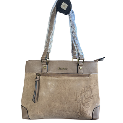 Cotton Road Handbag: KHAKI PU Leather Double Compartment Handbag with EMBOSSED Protea