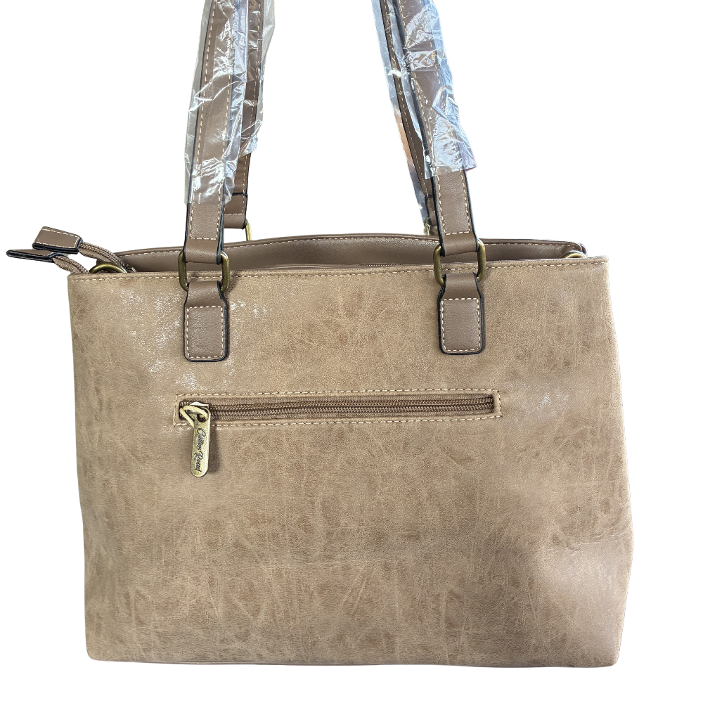 Cotton Road Handbag: KHAKI PU Leather Double Compartment Handbag with EMBOSSED Protea BACK
