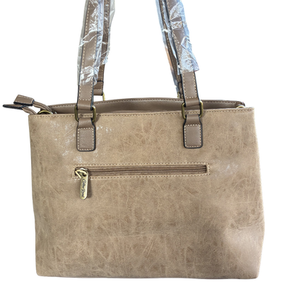 Cotton Road Handbag: KHAKI PU Leather Double Compartment Handbag with EMBOSSED Protea BACK