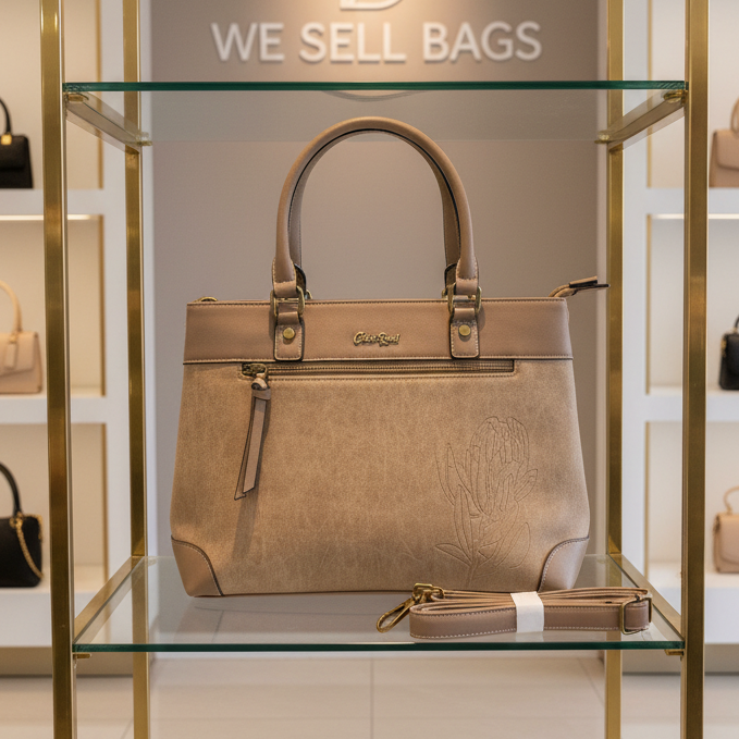 Cotton Road Handbag: KHAKI PU Leather Double Compartment Handbag with EMBOSSED Protea DISPLAY