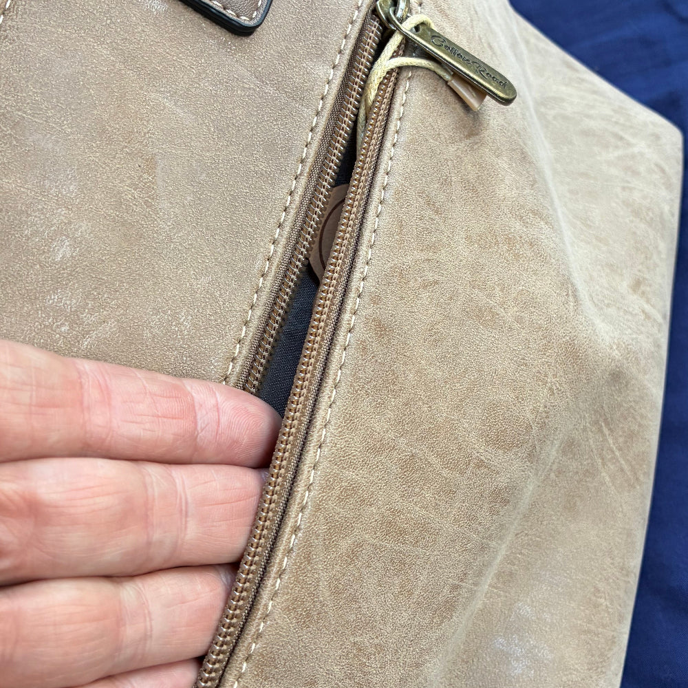 Cotton Road Handbag: KHAKI PU Leather Double Compartment Handbag with EMBOSSED Protea FRONT POCKET