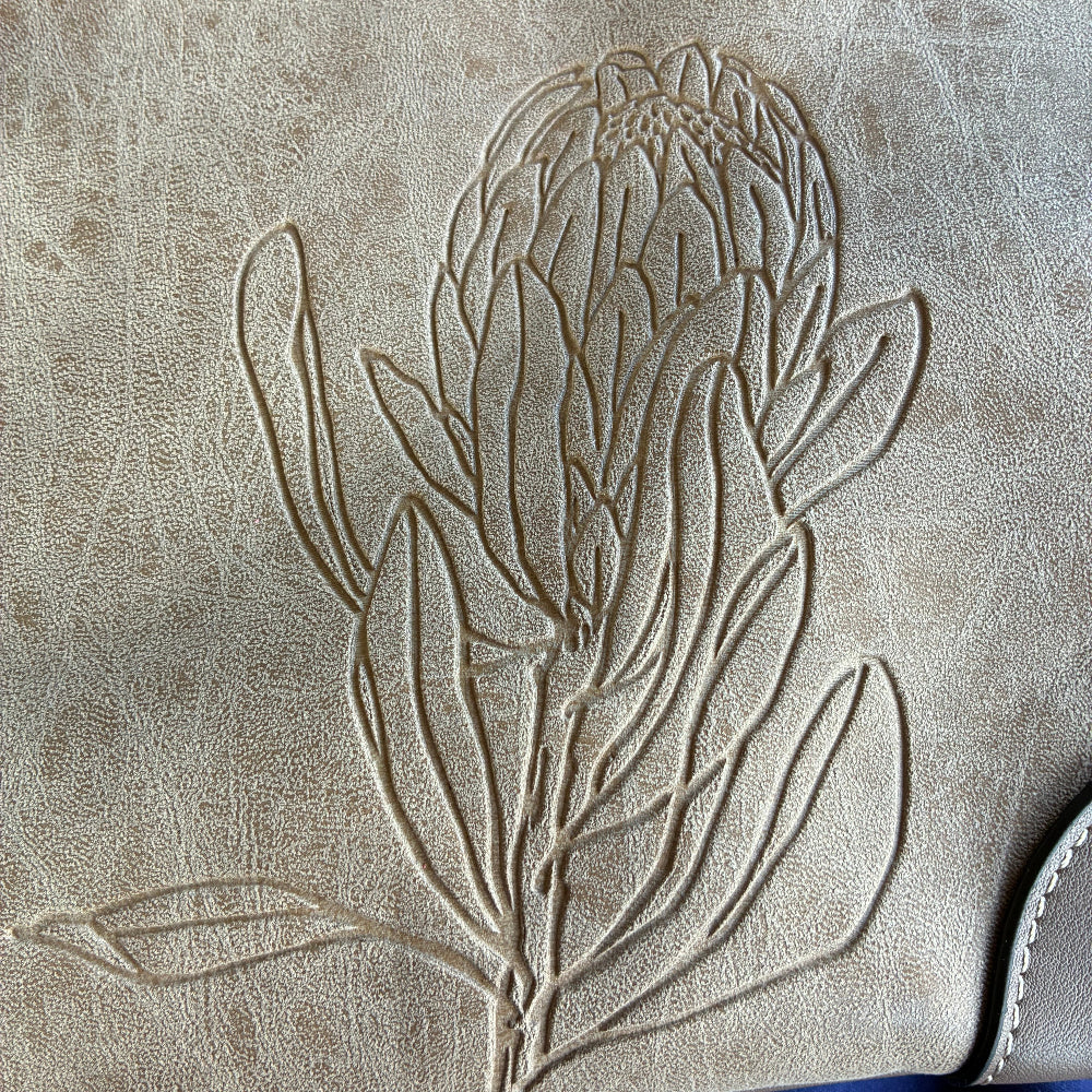 Cotton Road Handbag: KHAKI PU Leather Double Compartment Handbag with EMBOSSED Protea PATTERN