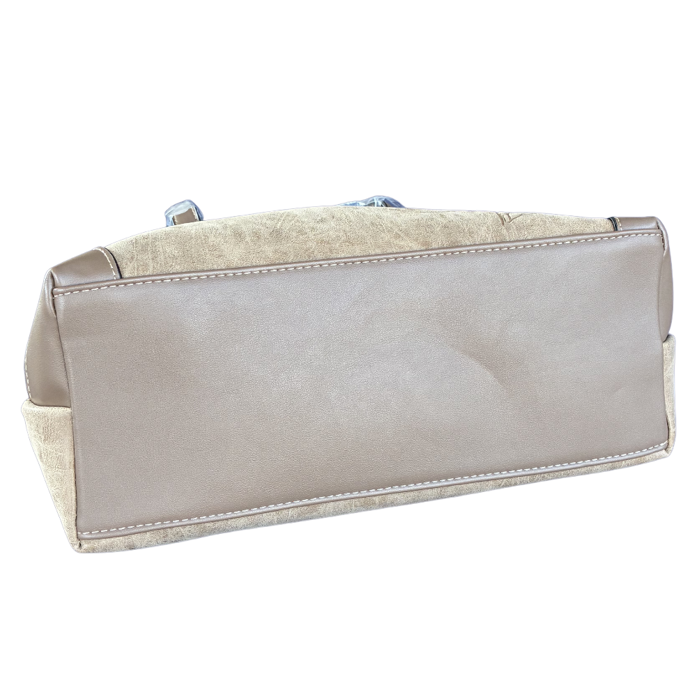 Cotton Road Handbag: KHAKI PU Leather Double Compartment Handbag with EMBOSSED Protea PATTERN BOTTOM VIEW
