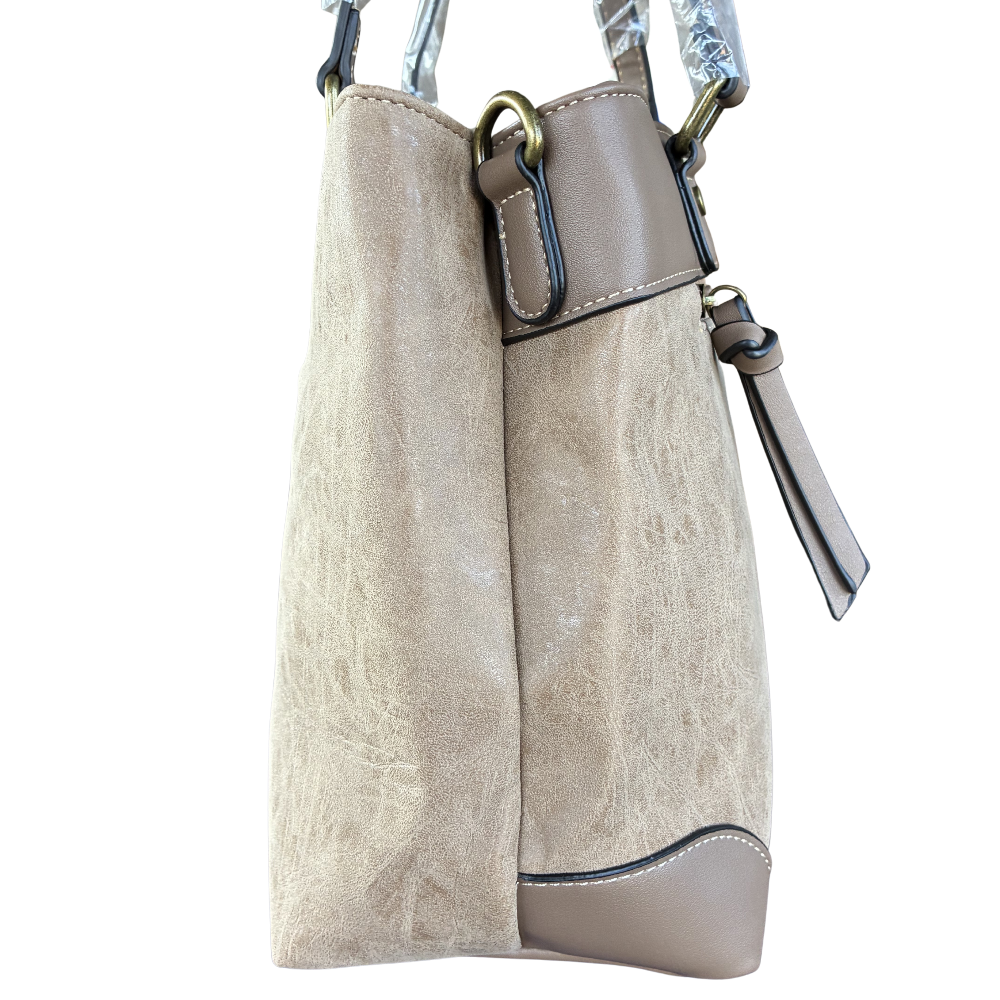 Cotton Road Handbag: KHAKI PU Leather Double Compartment Handbag with EMBOSSED Protea PATTERN SIDE VIEW