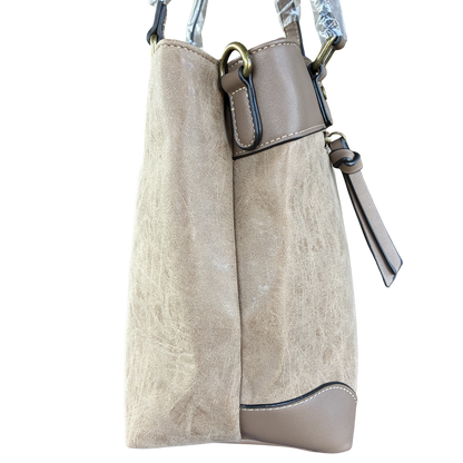 Cotton Road Handbag: KHAKI PU Leather Double Compartment Handbag with EMBOSSED Protea PATTERN SIDE VIEW