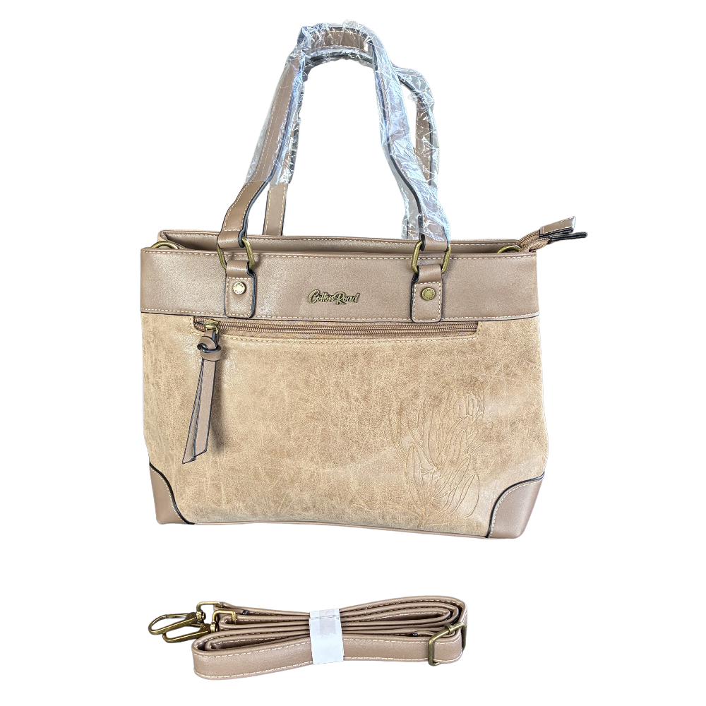 Cotton Road Handbag: KHAKI PU Leather Double Compartment Handbag with EMBOSSED Protea SET