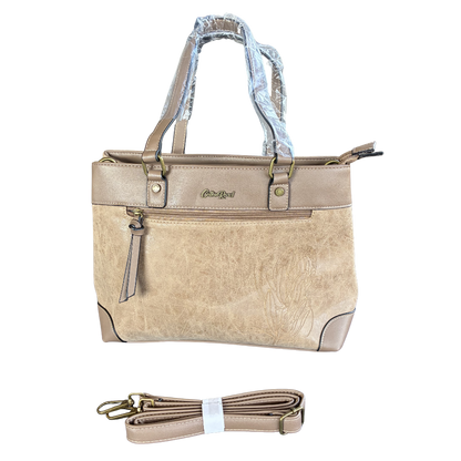 Cotton Road Handbag: KHAKI PU Leather Double Compartment Handbag with EMBOSSED Protea SET