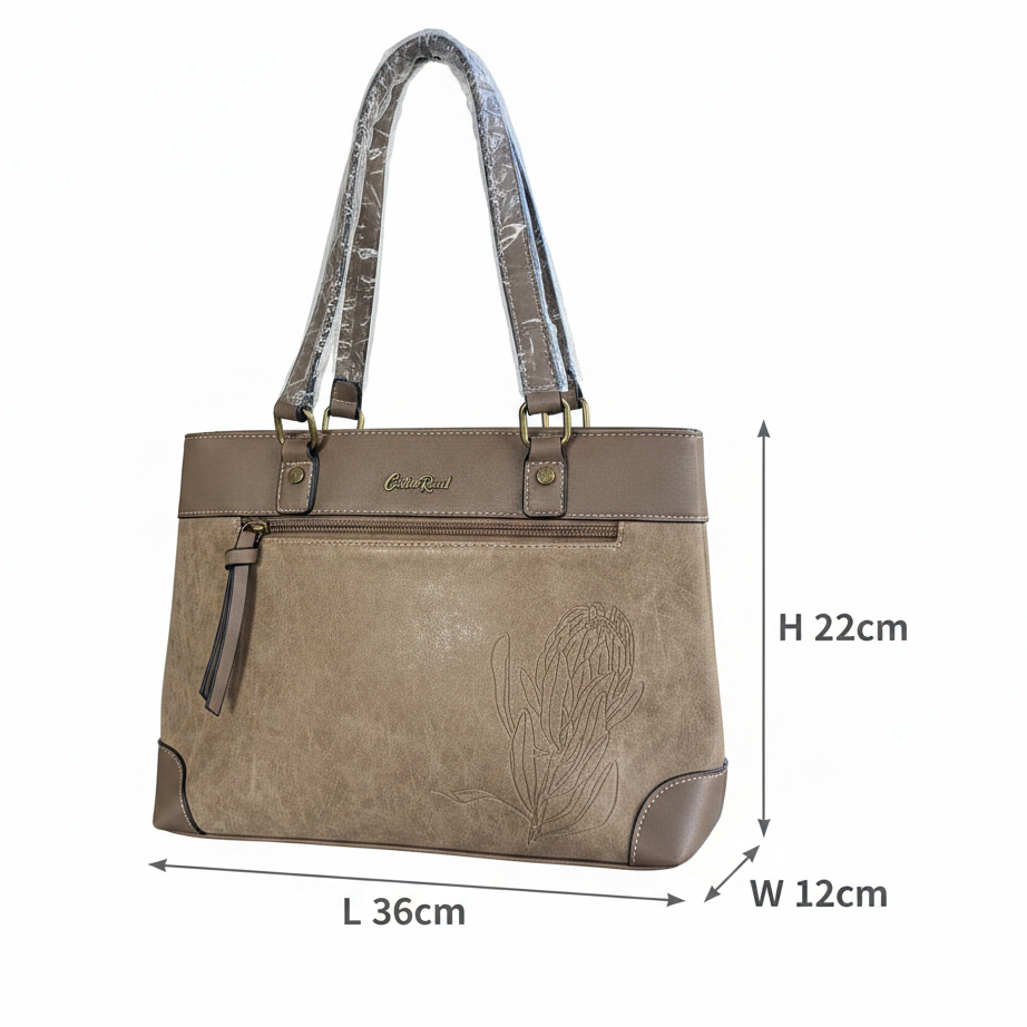 Cotton Road Handbag: KHAKI PU Leather Double Compartment Handbag with EMBOSSED Protea SIZE