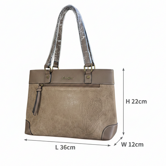 Cotton Road Handbag: KHAKI PU Leather Double Compartment Handbag with EMBOSSED Protea SIZE