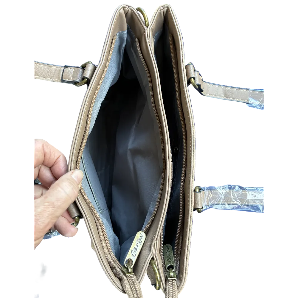 Cotton Road Handbag: KHAKI PU Leather Double Compartment Handbag with EMBOSSED Protea TOP ZIPS