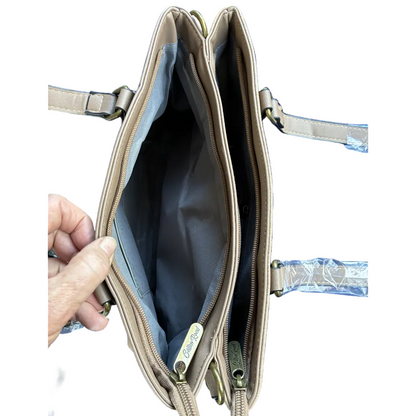 Cotton Road Handbag: KHAKI PU Leather Double Compartment Handbag with EMBOSSED Protea TOP ZIPS