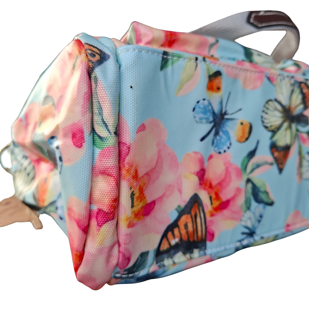 Cotton Road Handbag: LIGHT BLUE PVC with FLORAL and BUTTERFLY Print BOTTOM 