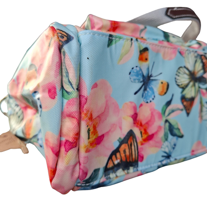 Cotton Road Handbag: LIGHT BLUE PVC with FLORAL and BUTTERFLY Print BOTTOM 