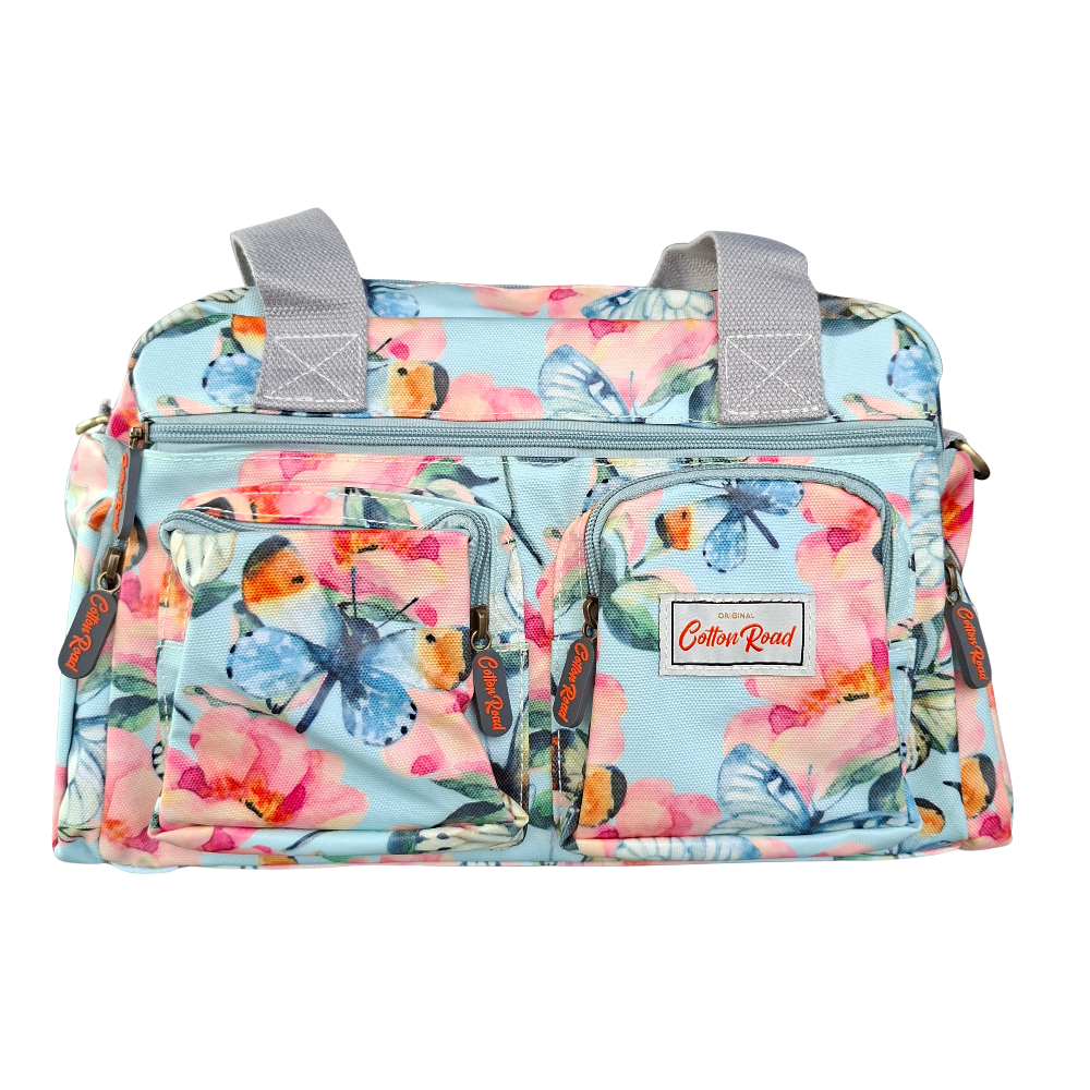 Cotton Road Handbag: LIGHT BLUE PVC with FLORAL and BUTTERFLY Print CARRY 