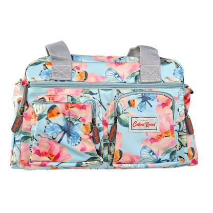 Cotton Road Handbag: LIGHT BLUE PVC with FLORAL and BUTTERFLY Print CARRY 