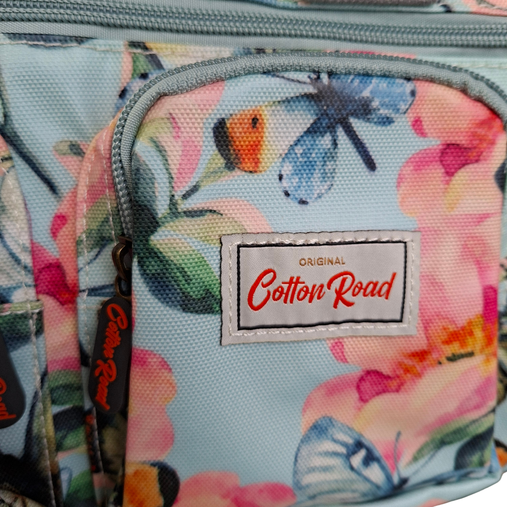 Cotton Road Handbag: LIGHT BLUE PVC with FLORAL and BUTTERFLY Print CARRY BRANDED